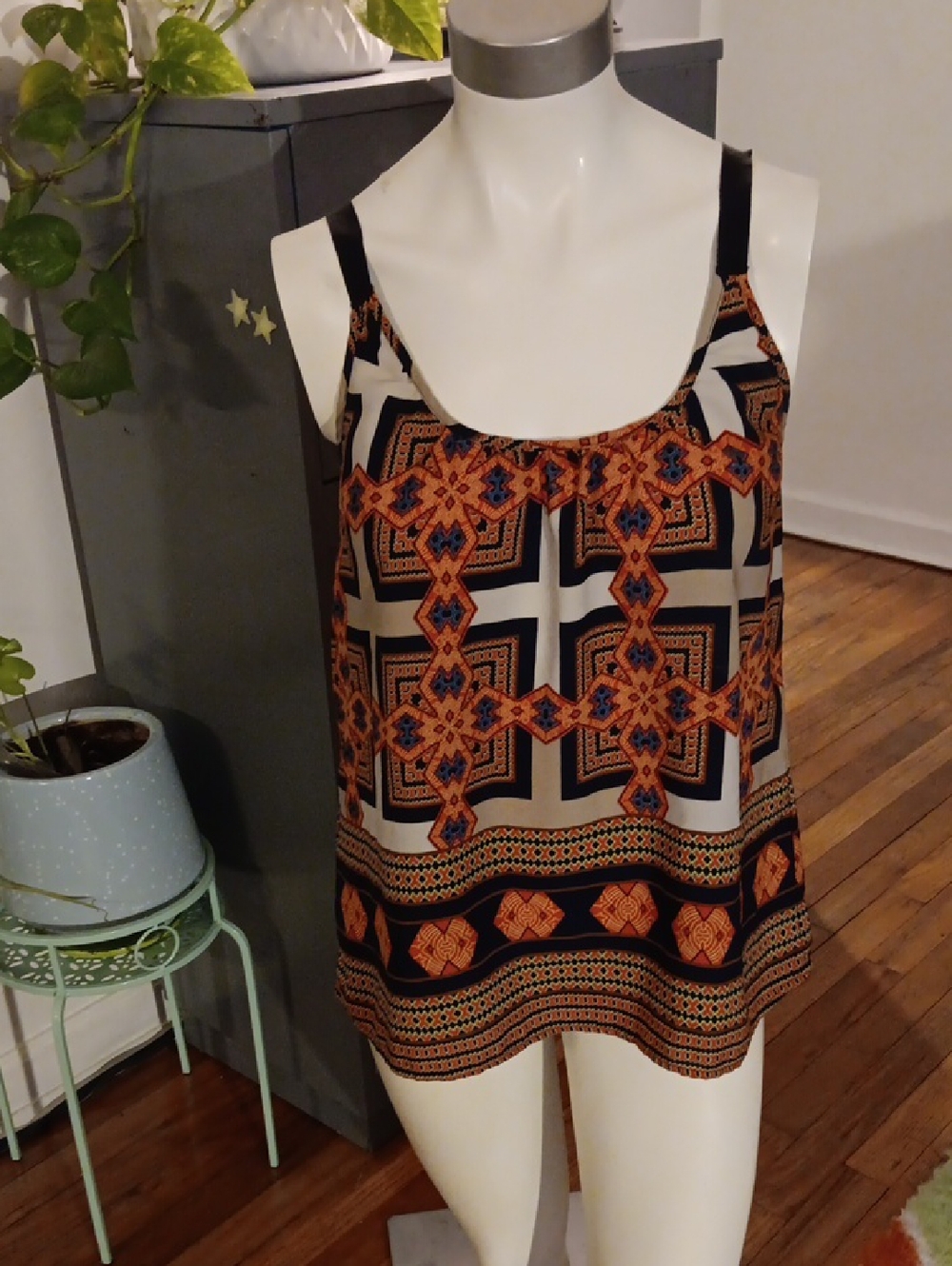 Orange & Black Print Cami with Zipper Detail & Gross Grain Ribbon Straps
